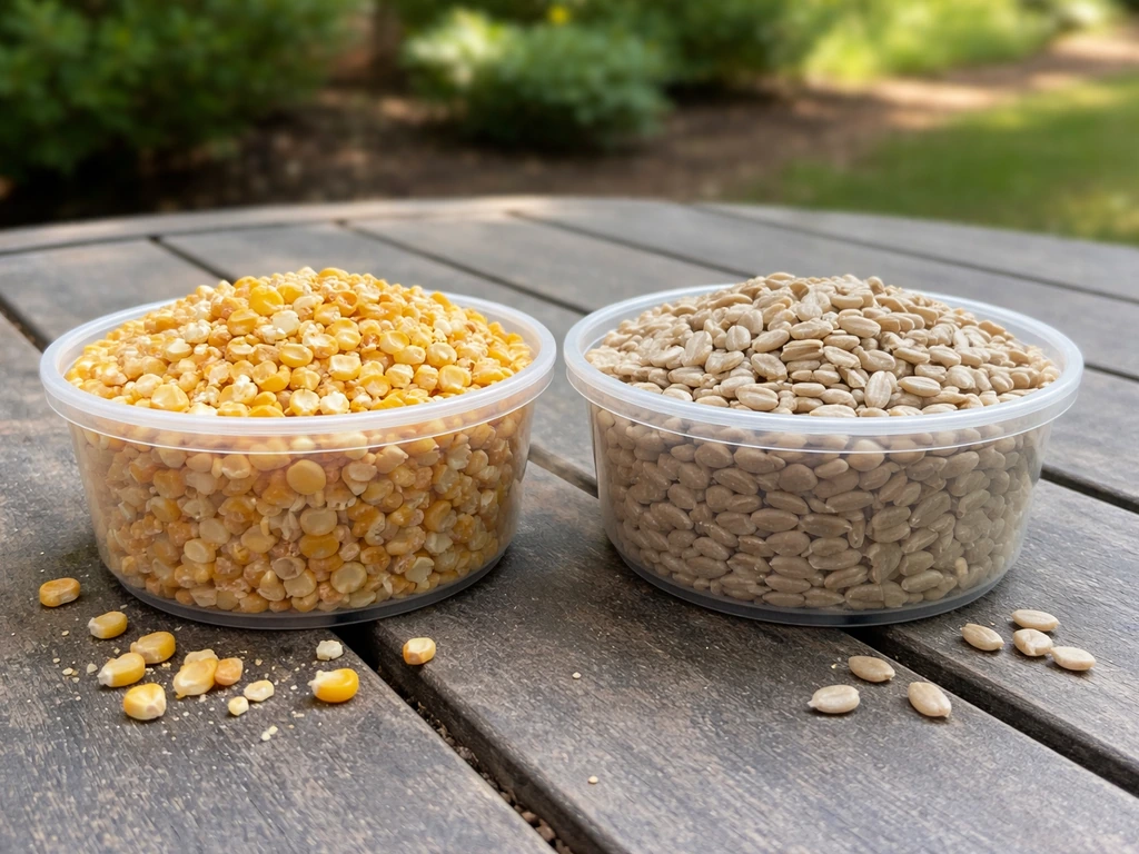 Close-up of cracked corn and hulled sunflower seeds laid out as blackbird-friendly foods.