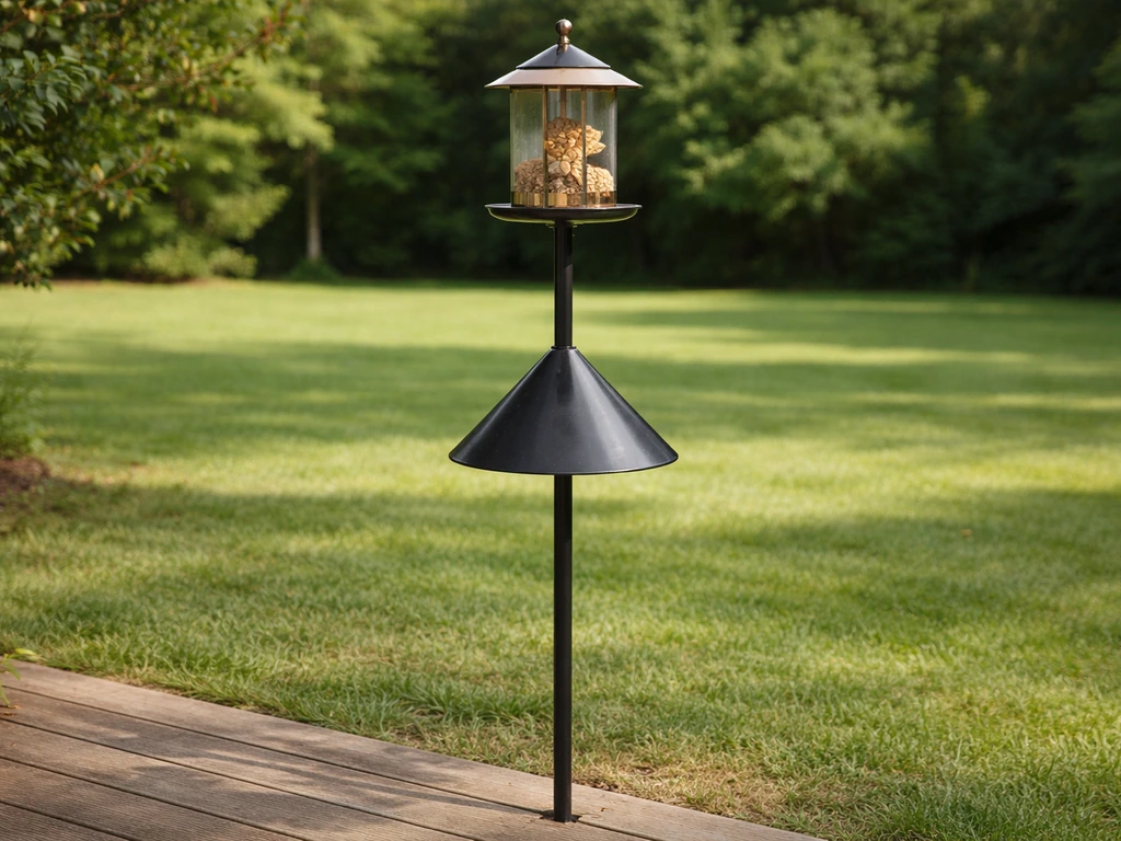 Pole-mounted bird feeder with a cone-shaped baffle deterring squirrels from reaching the opening.