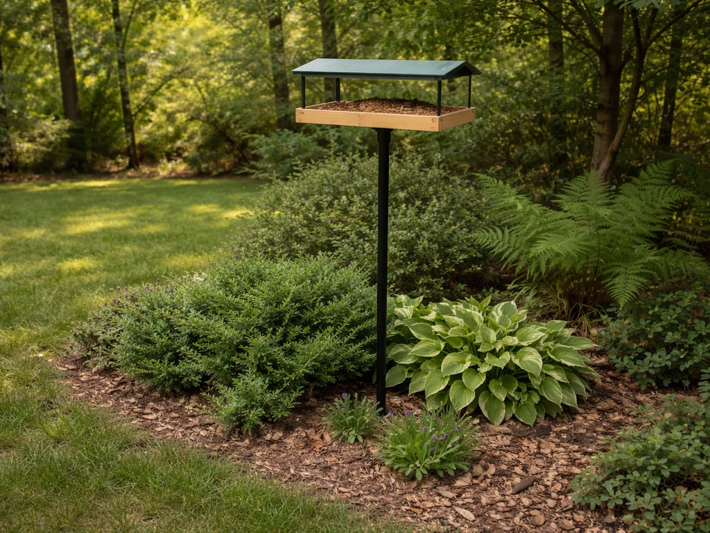 Elevated platform bird feeder on a pole near low shrubs and ground cover in a calm backyard.