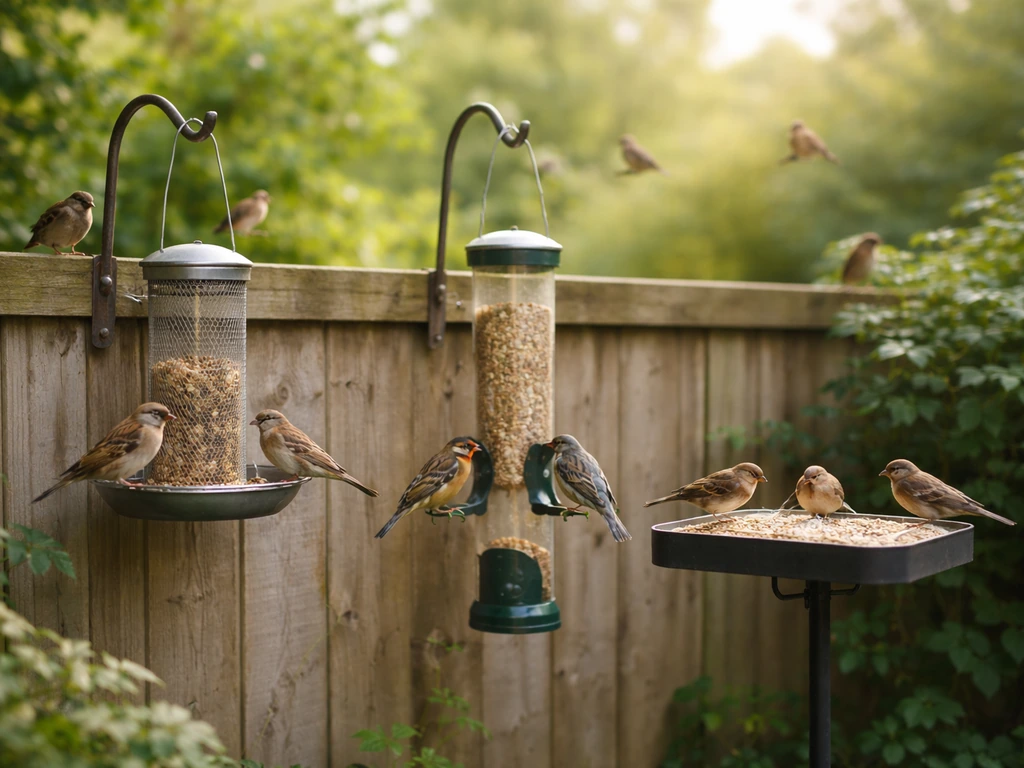 UK garden with three distinct bird feeders and small songbirds feeding in morning light