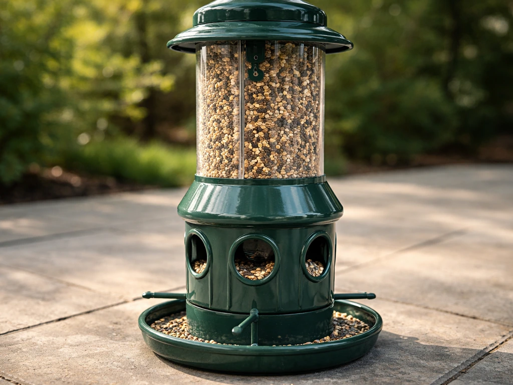 Close-up of a Brome squirrel-proof seed feeder with perches and metal baffle in bright natural light.