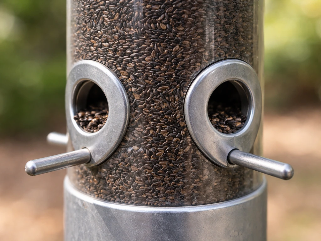Close-up of a nyjer tube feeder’s tiny seed ports with seeds visible in the openings.