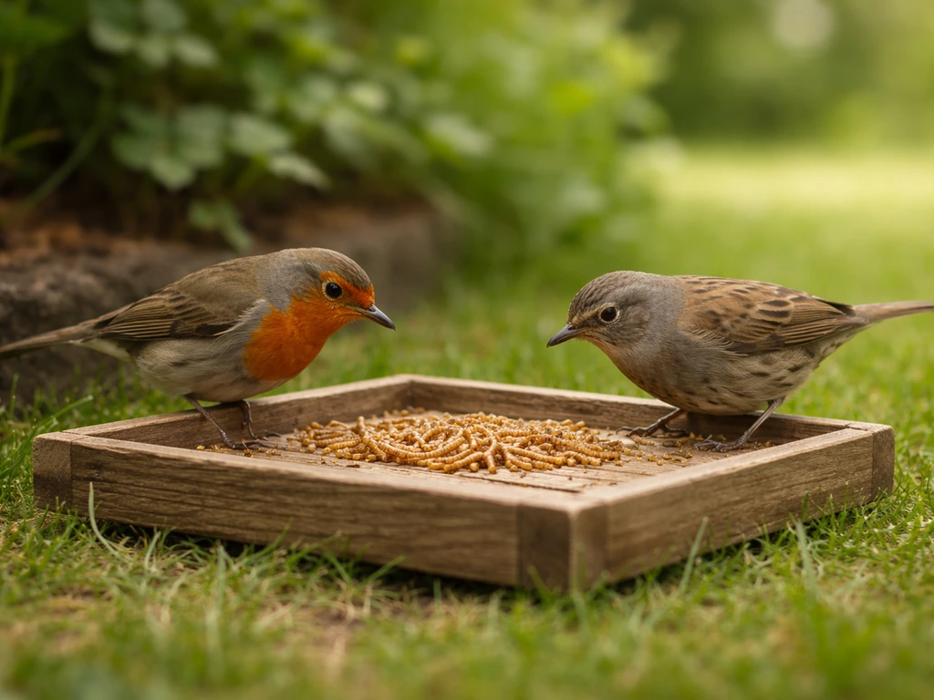 Two small ground-feeding birds eat mealworms from a low open tray feeder on grass.
