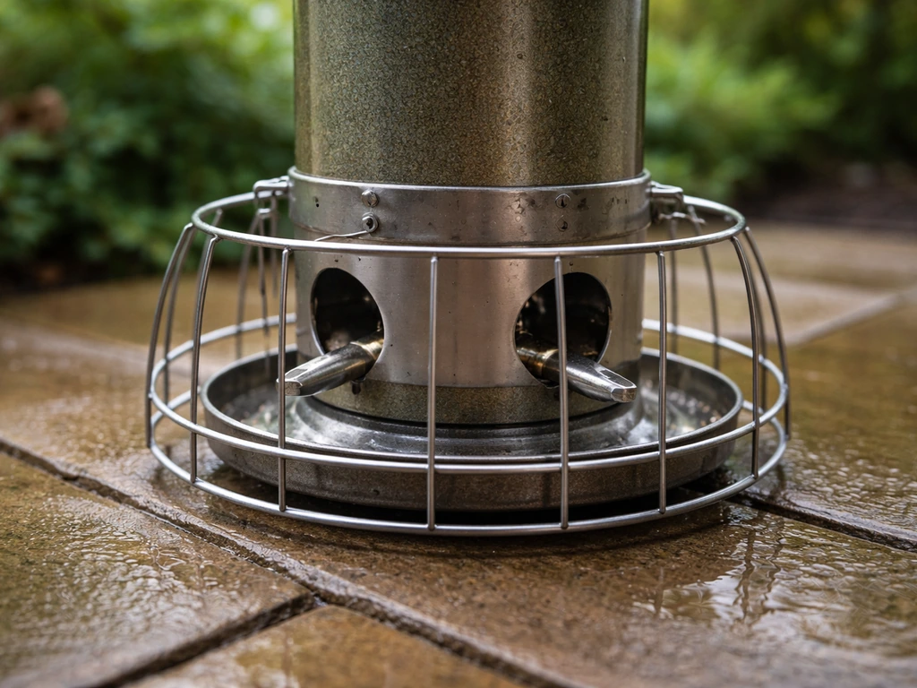 Close-up of a weight-activated bird feeder mechanism with wire shroud over feeding ports.