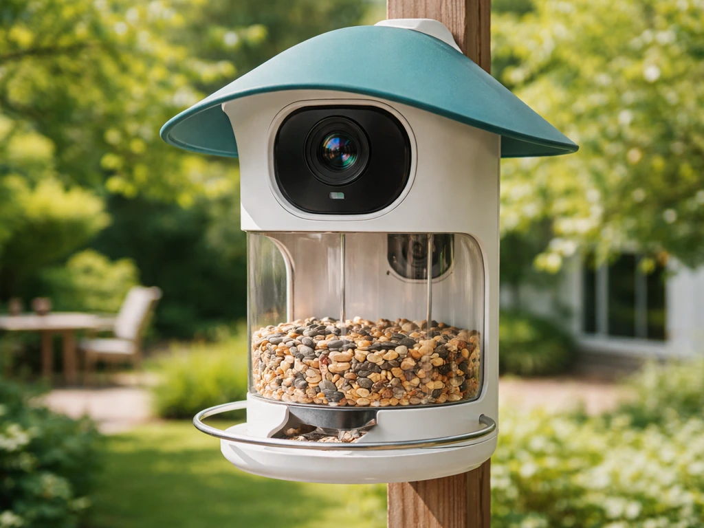 Netvue Birdfy smart bird feeder camera with visible lens area in a simple outdoor garden setting