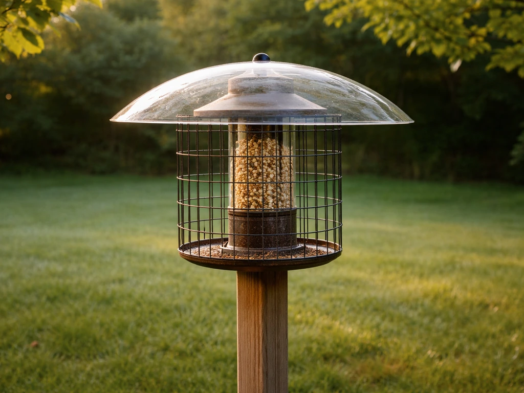 Backyard bird feeder with a protective baffle/cage guard to prevent squirrel or bully access.