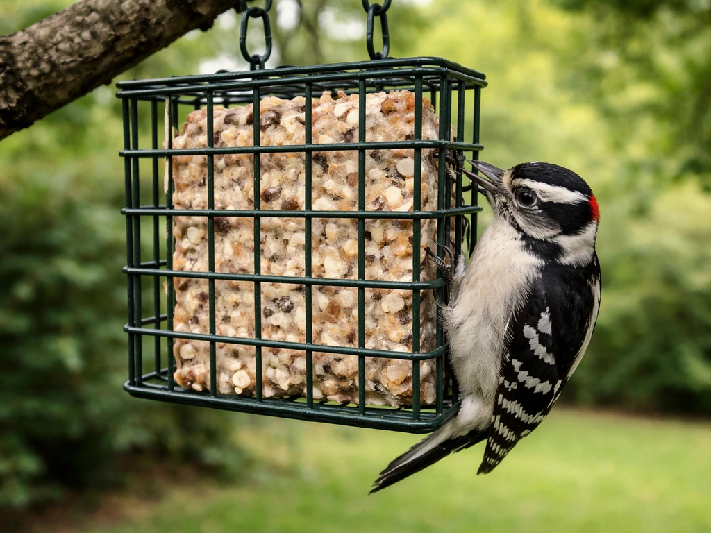 A woodpecker or nuthatch feeds from a hanging suet cage with a suet cake in view.