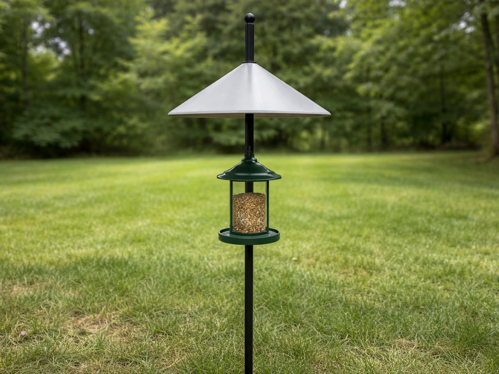 Pole-mounted bird feeder with a cone-shaped baffle in a quiet backyard setting.