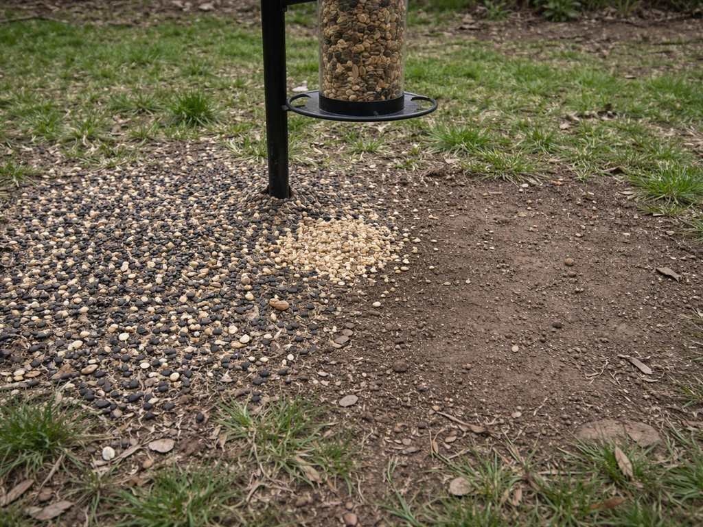 Backyard ground under a bird feeder showing shell mess versus cleaner area with hulled sunflower seeds.