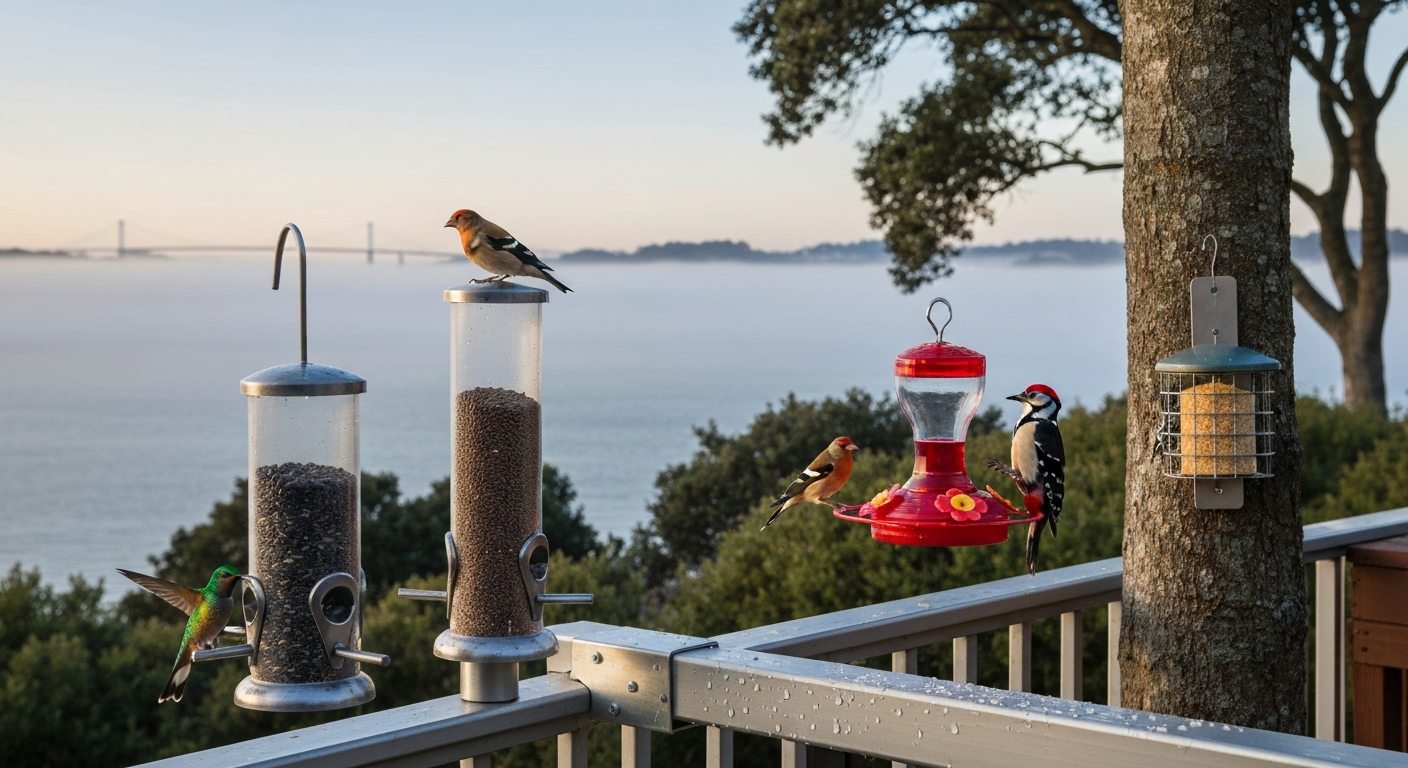 Bay Area backyard with multiple bird feeders and birds feeding, coastal fog and distant bay in the background
