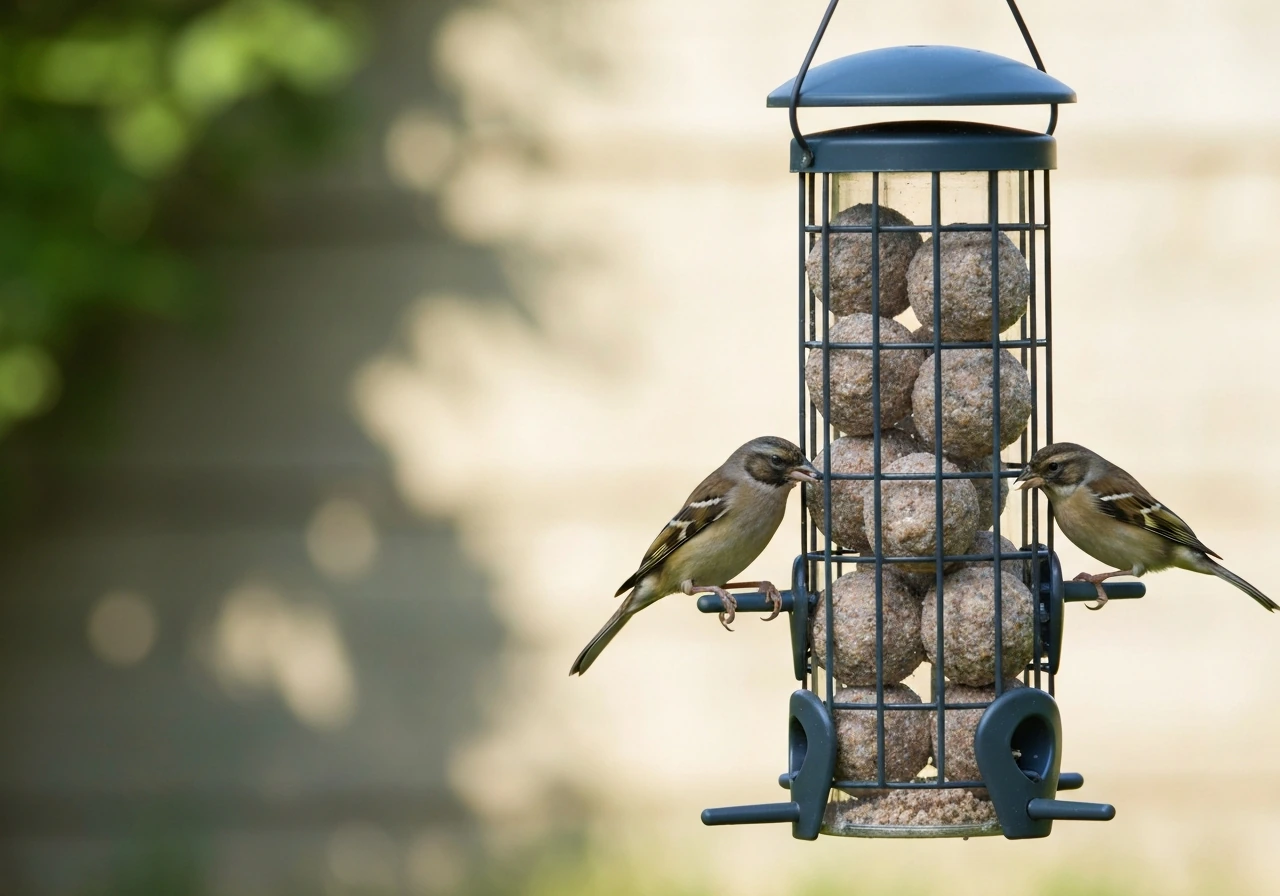 Close-up premium fat ball bird feeder with several suet fat balls and small garden birds perched on the cage.