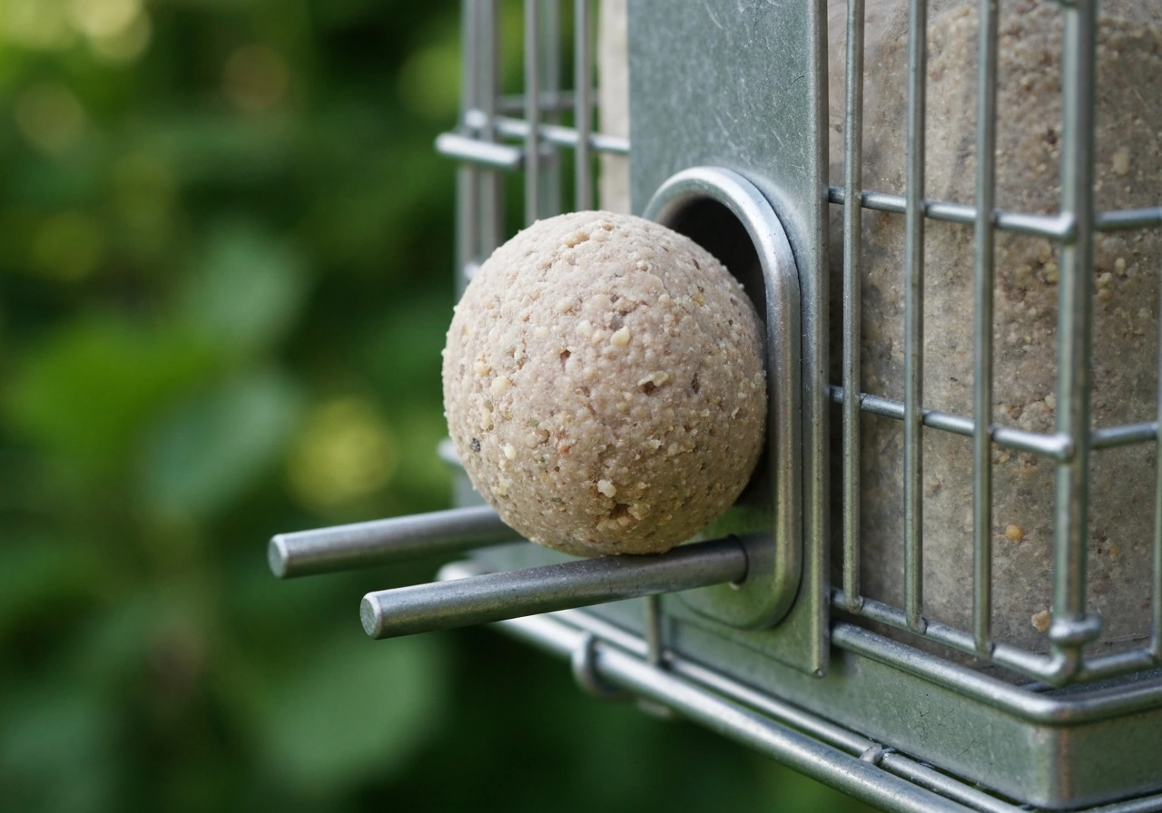A 90g, 6cm fat ball sitting properly in a bird feeder opening without gaps or jamming.