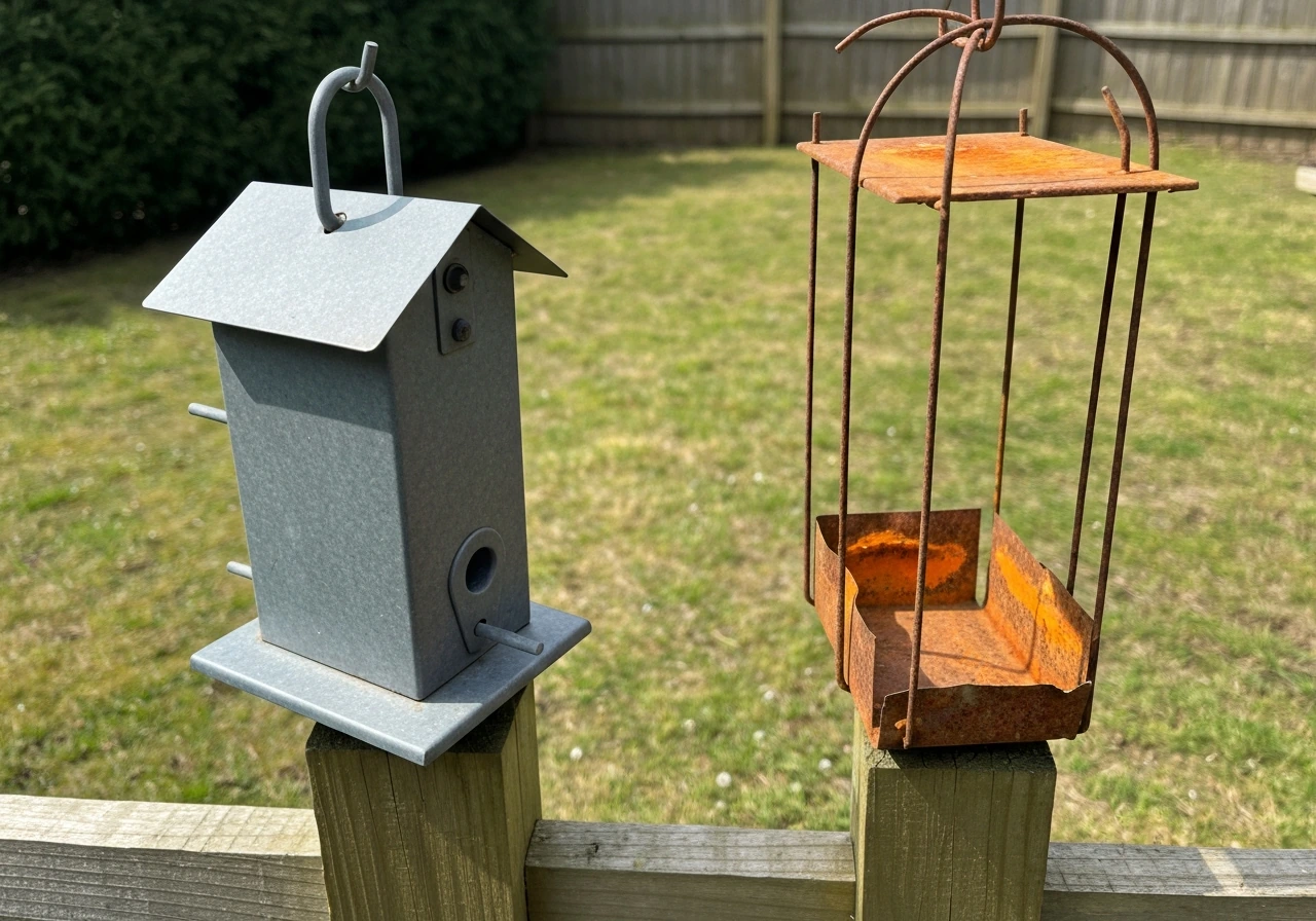 Powder-coated steel bird feeder beside a rusting thin metal feeder on a wooden fence post.