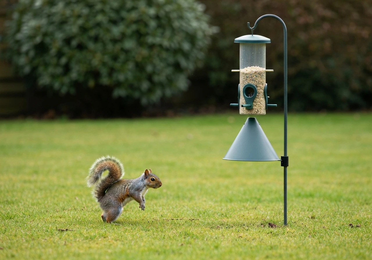 Grey squirrel blocked by a smooth conical baffle on a pole-mounted bird feeder in a garden.