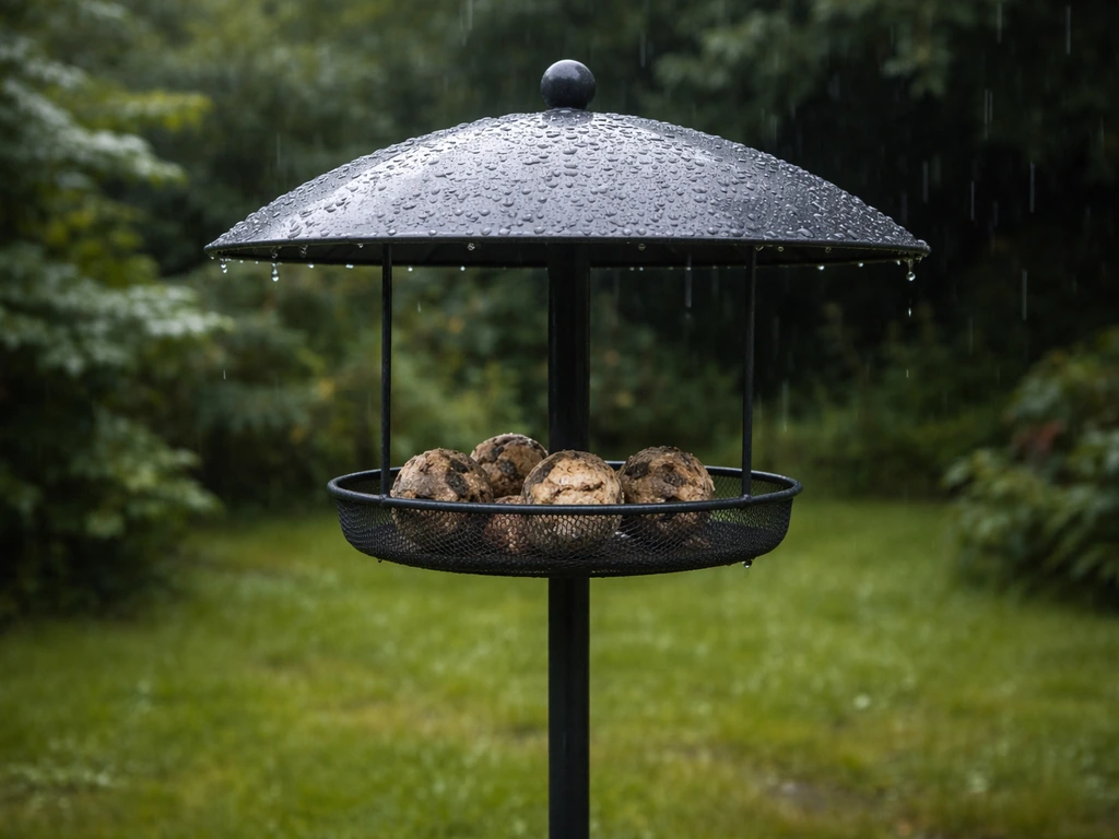 Covered bird feeder on a pole, raindrops falling, damp garden background keeping fat balls dry.