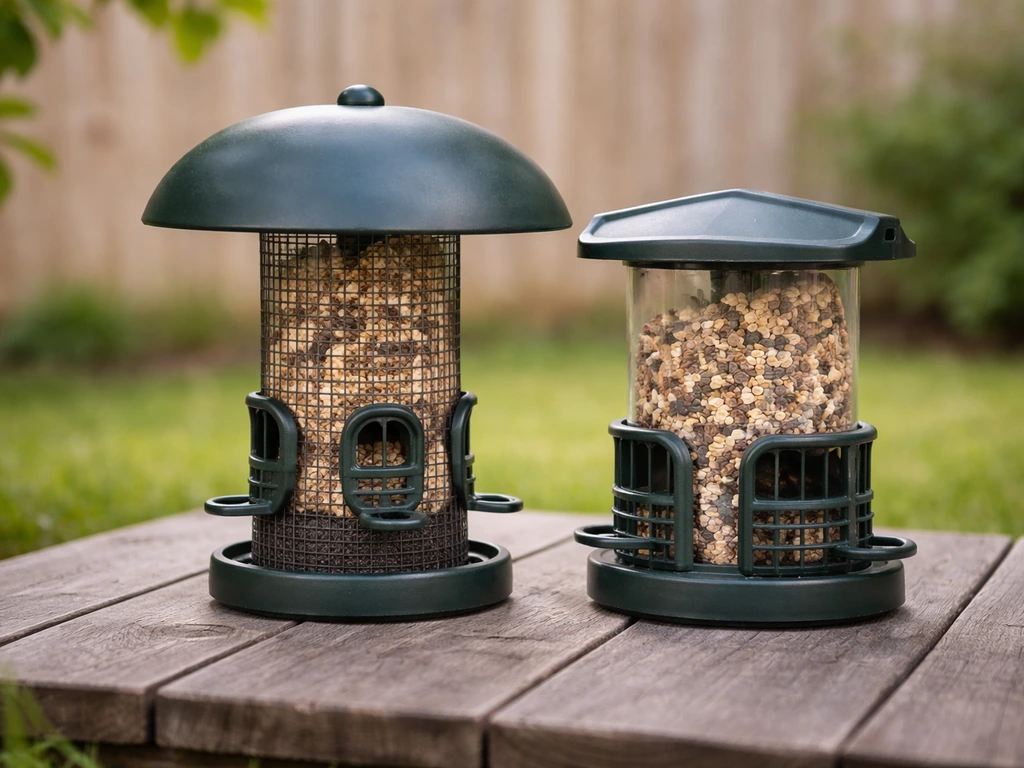 Two inexpensive bird feeders with visible anti-predator features in a quiet backyard garden