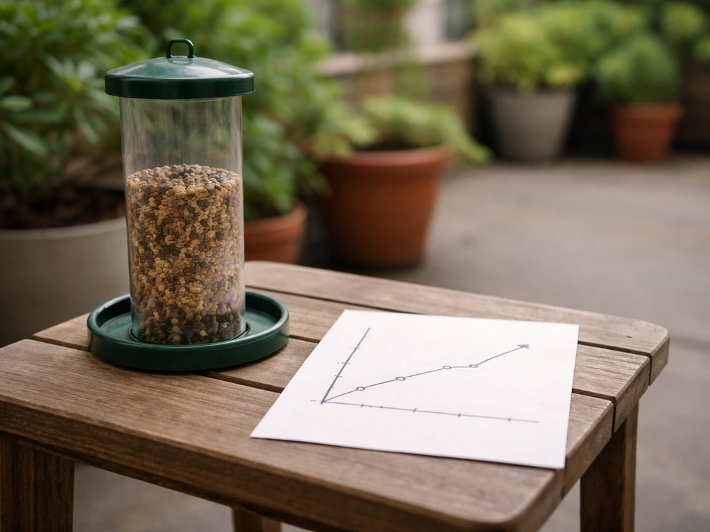 A simple bird feeder on a patio with a neutral price-per-season style chart beside it.