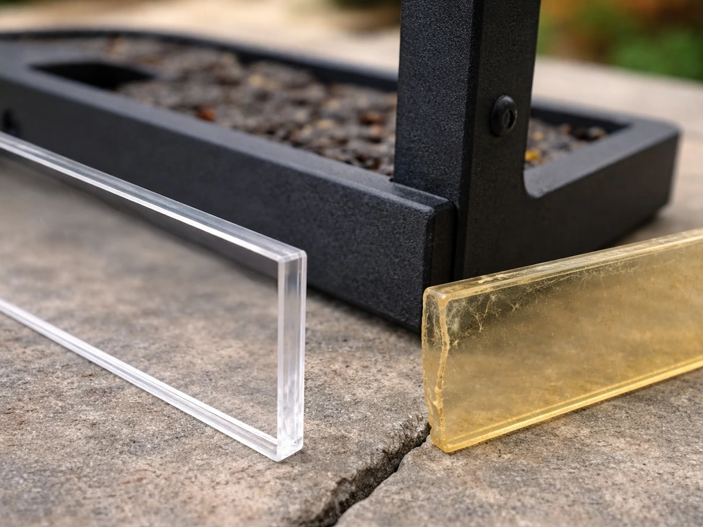 Close-up of UV-stabilized polycarbonate feeder panel next to a scratched yellowing plastic piece and intact powder-coate