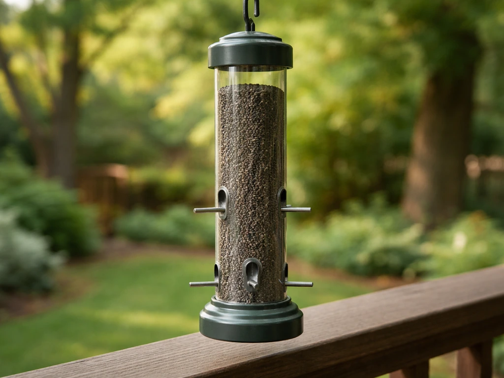 Close-up of a small-port nyjer feeder hanging outside, showing tiny seed ports and perches.