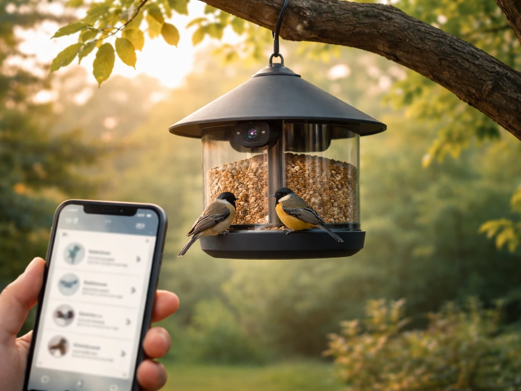 A smart bird feeder with a mounted camera, with a phone showing blurred bird identification icons.