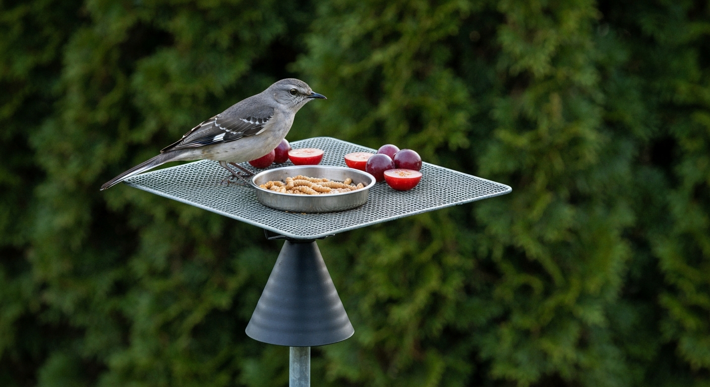 Northern Mockingbird on a pole-mounted mesh platform feeder with mealworms and halved grapes in a backyard.