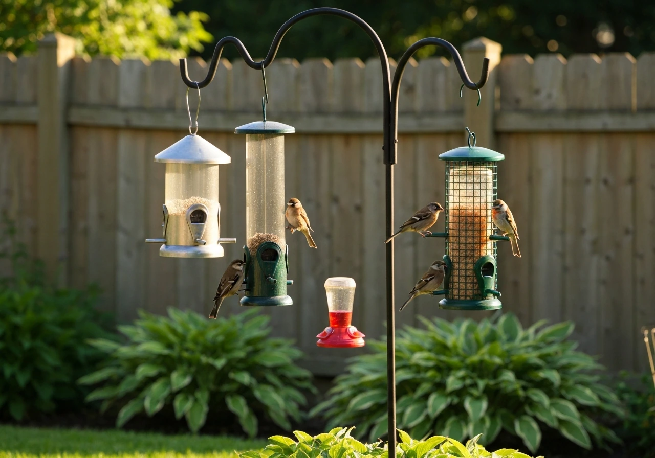 Several types of bird feeders on a hook in a backyard with small birds perched nearby.