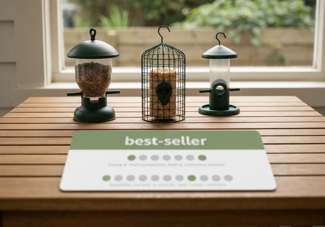 Table with bird feeders beside a generic “best-seller” style retail label graphic.