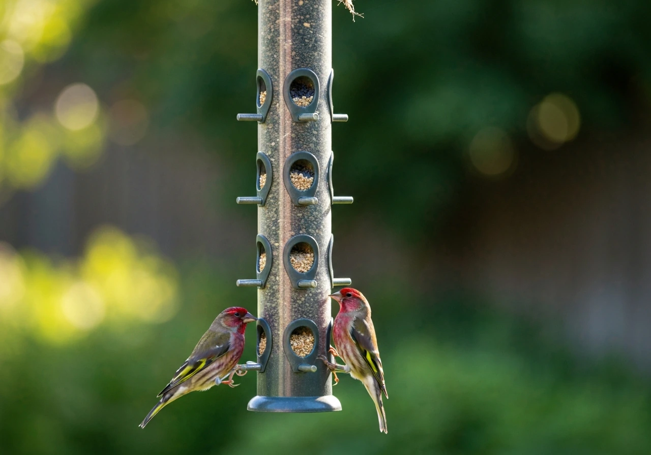 Close-up of a tube feeder with tiny nyjer ports attracting finches
