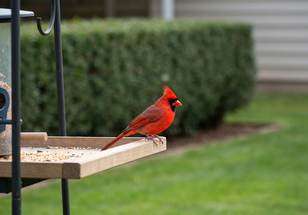 A northern cardinal perched on a wide flat tray feeder in a quiet backyard garden.