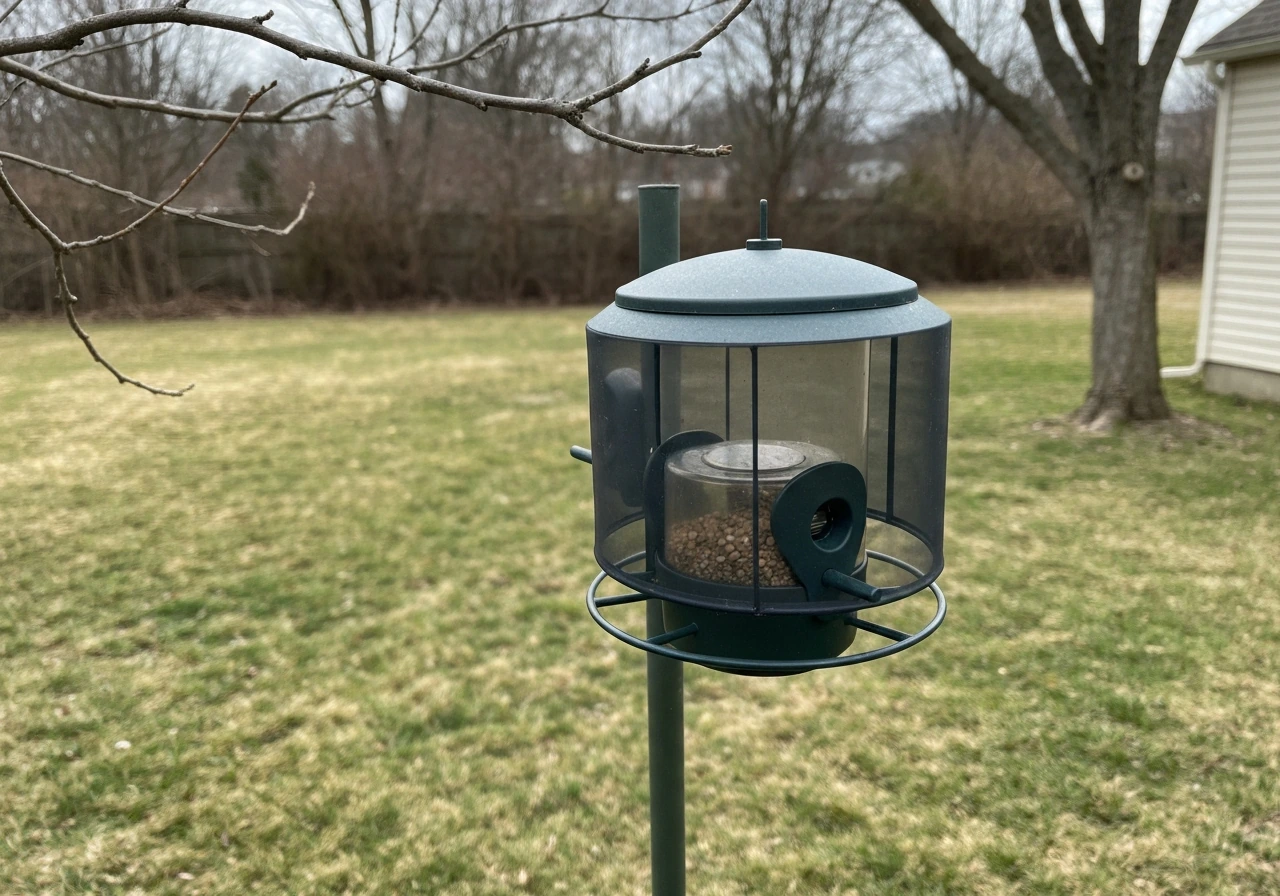 Backyard bird feeder on a pole with a visible baffle/shroud blocking squirrel access.