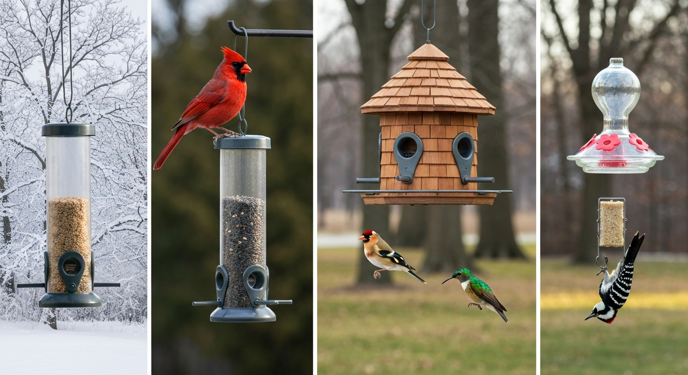 Montage of Illinois backyard bird feeders (tube, hopper, nyjer, suet, nectar) with cardinal, goldfinch, chickadee, hummingbird; seasonal gradient