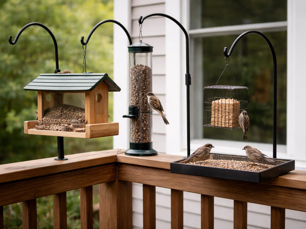 Patio deck with several bird feeders hanging and perched birds feeding near a window