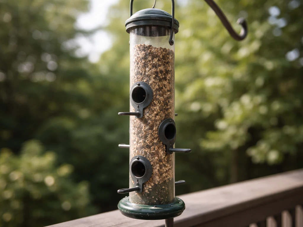 Close-up of a cylindrical tube bird feeder with multiple seed ports and perches on a patio rail.