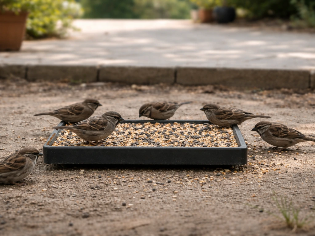 Small ground-feeding birds pecking at seed on a raised platform feeder near a patio.