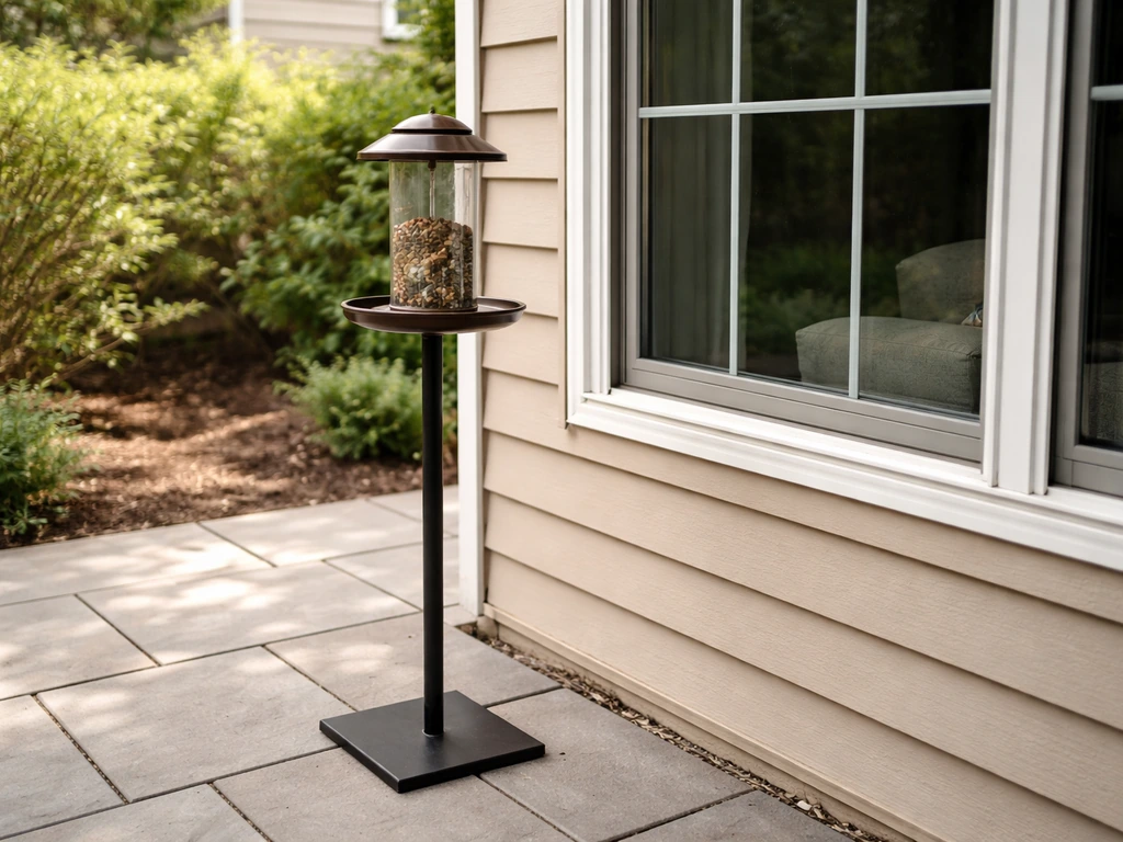 Patio feeder near a window, showing placement within about 3 feet on a quiet home porch.