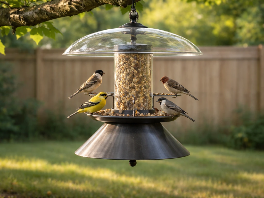 Weather-safe squirrel-resistant bird feeder in a backyard with several small birds feeding