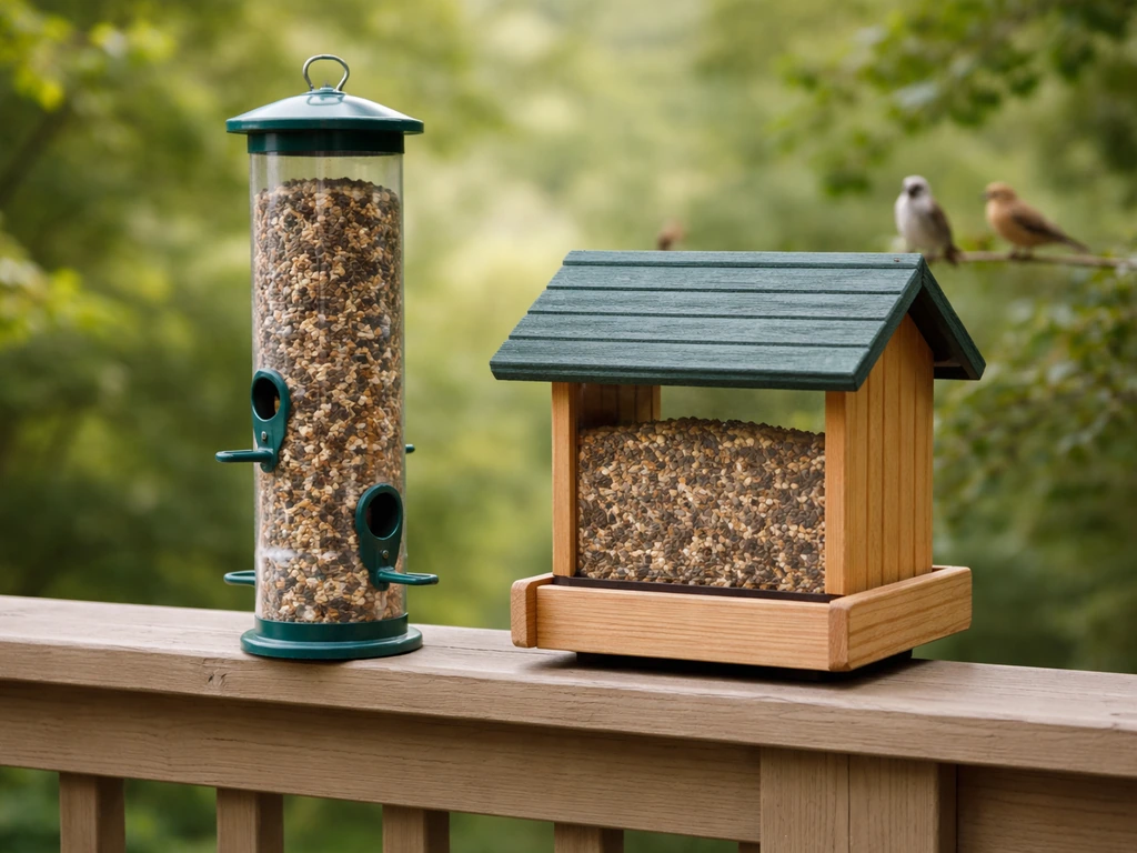 Side-by-side feeders: tube feeder and hopper feeder on a porch, with blurred birds in the background