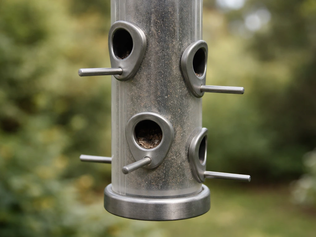 Close-up of a tube bird feeder with side ports and perches in soft natural light