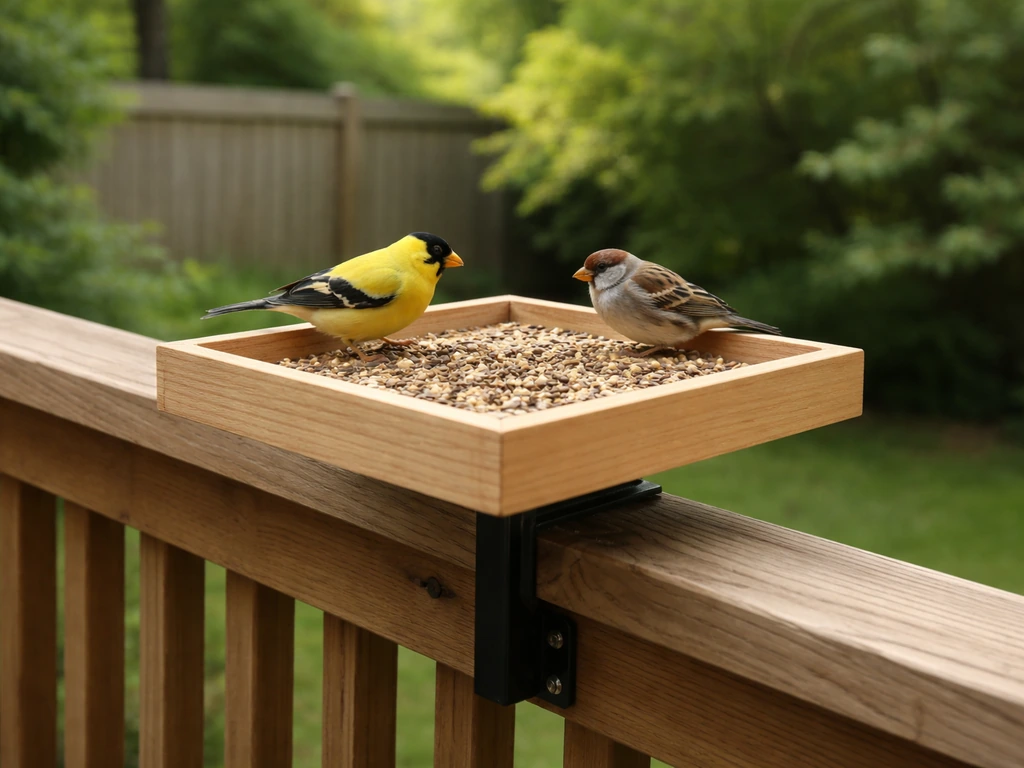 Birds feeding from an open platform tray feeder on a simple railing in a backyard garden