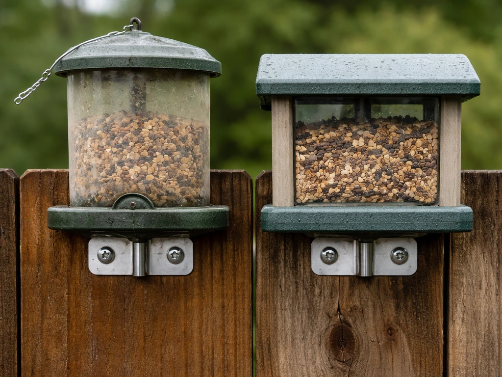 Outdoor bird feeder materials show: sun-faded plastic next to durable weather-rated poly with metal mounting