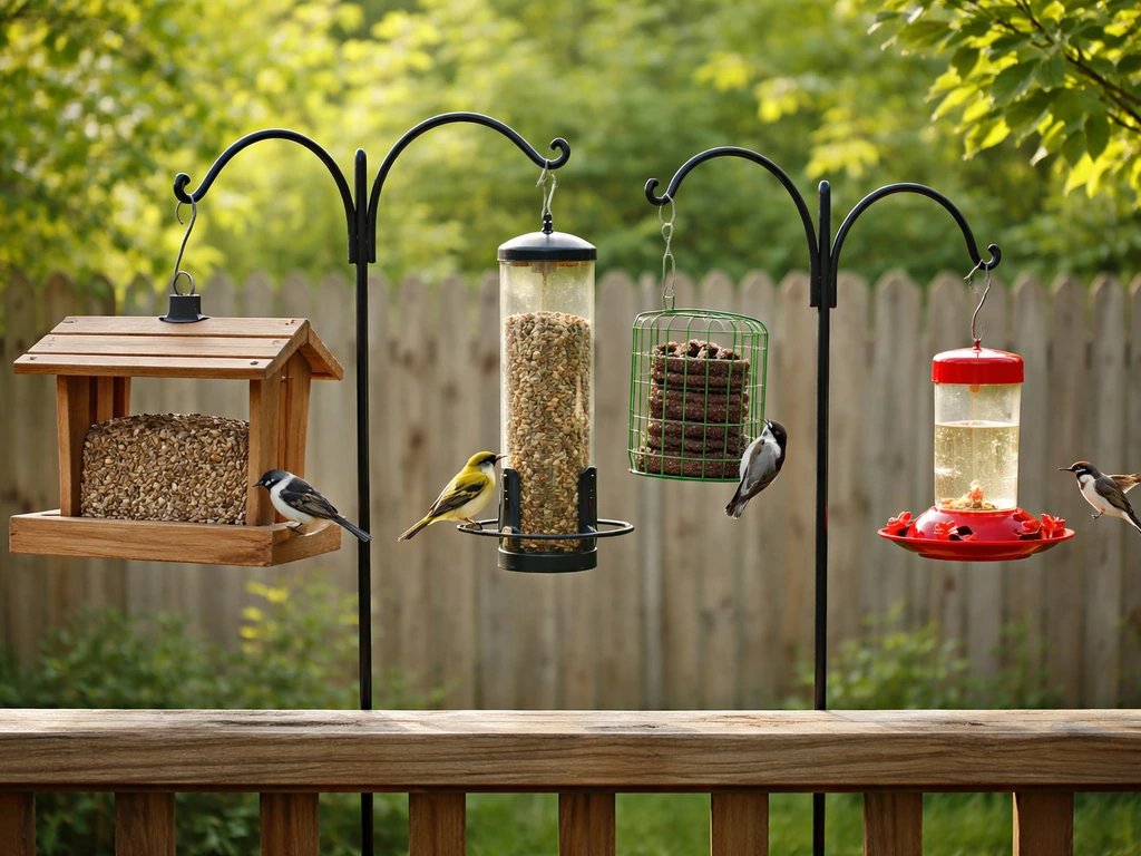 Backyard scene with hopper, tube, suet, and nectar feeders with small birds feeding on different foods.