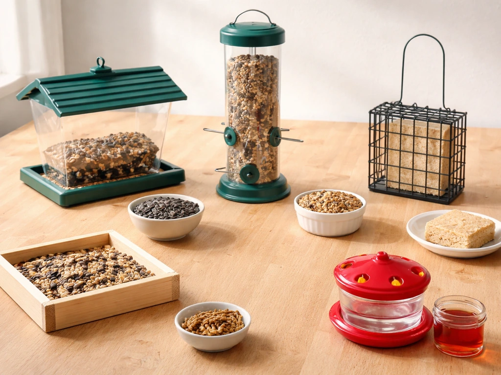 Bird feeder types laid out on a light wood table with small dishes of bird foods beside them.