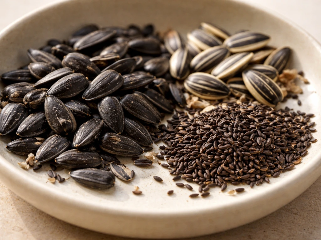 Close-up of sunflower kernels and nyjer thistle seeds showing detailed textures in soft natural light.