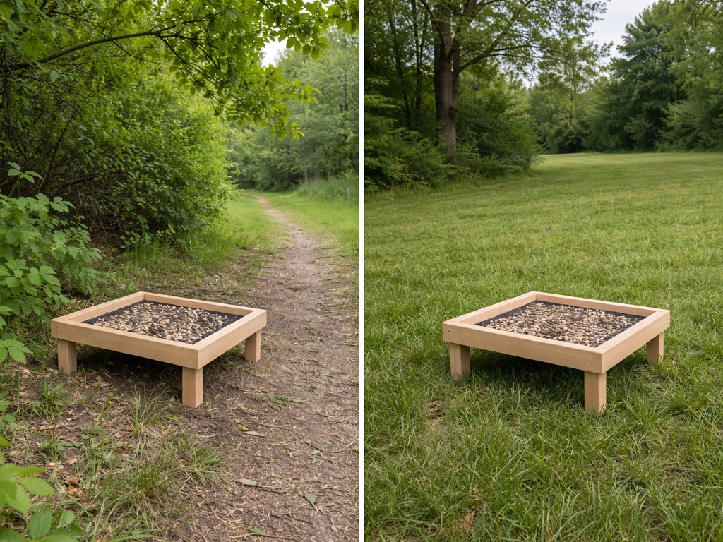 Two simple bird-feeder placements: one near cover, one in open area, showing different approach visibility.
