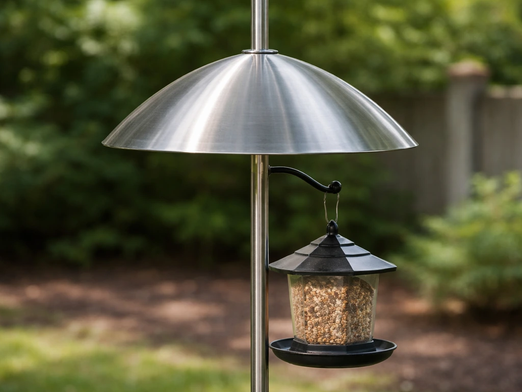 Close-up of a bird feeder mounted on a smooth metal pole with a baffle blocking squirrels access.