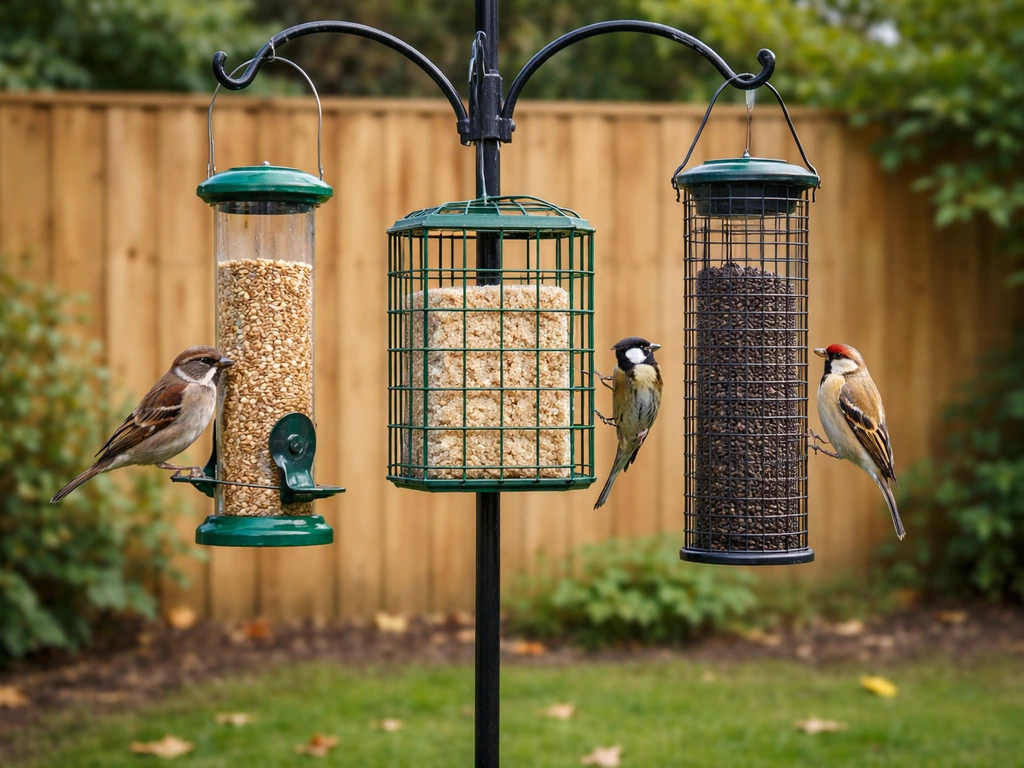 UK backyard with tube, suet, and cage bird feeders as small garden birds feed in natural light