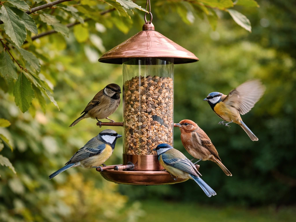 Close-up of UK garden birds feeding from a copper-topped feeder among garden foliage