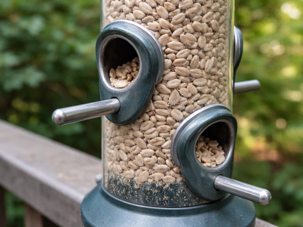 Macro close-up of a tube-style seed feeder showing multiple ports and perches filled with sunflower hearts