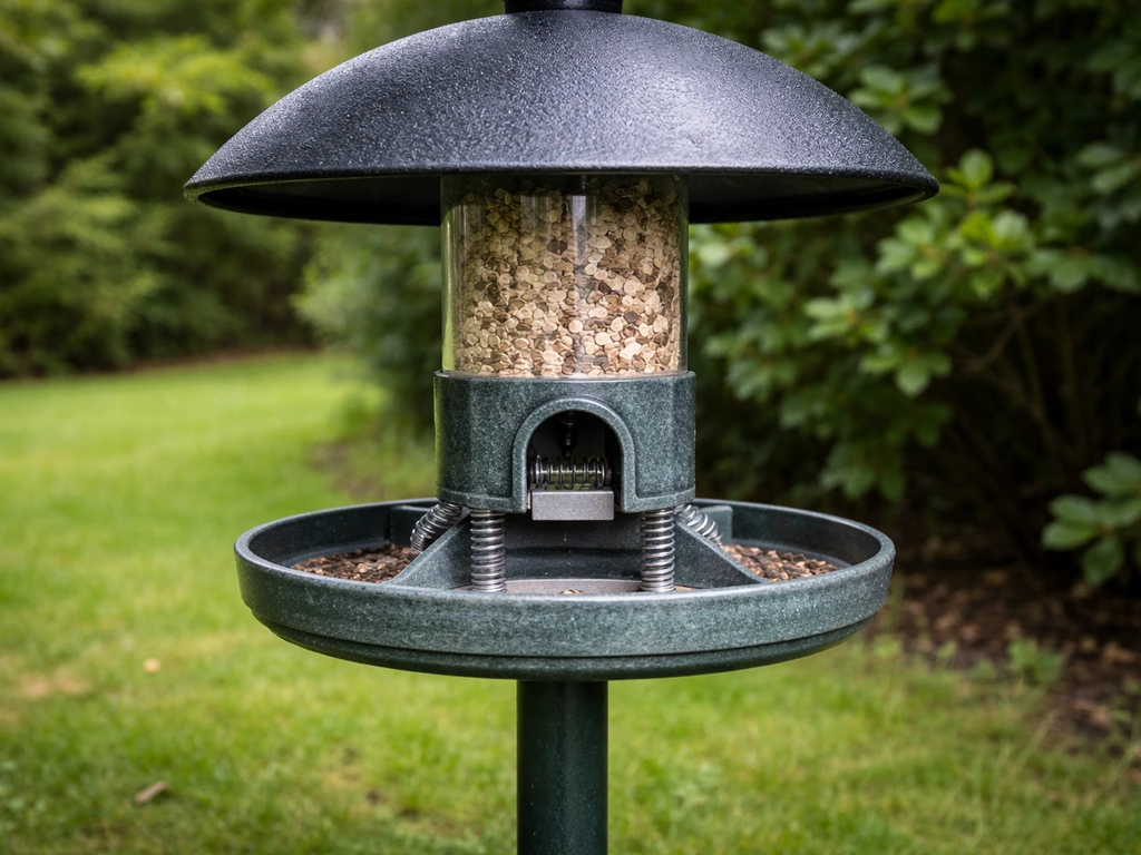 Close-up of a garden bird feeder base with weight-activated tray and squirrel guard baffle