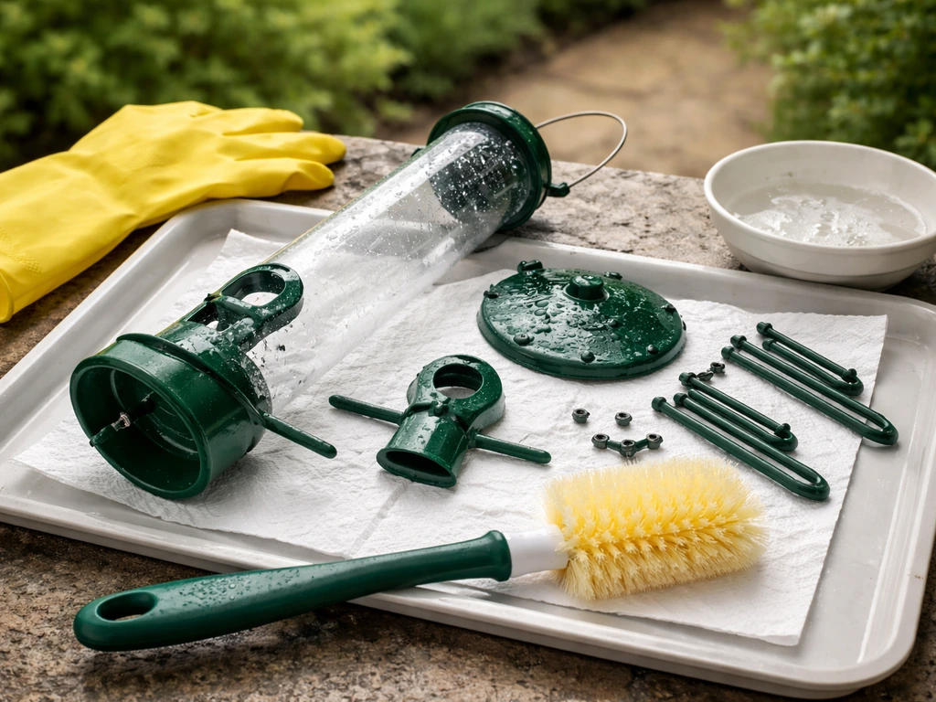 Bird feeder parts on a tray with gloves, brush, and warm water during careful cleaning in a garden.